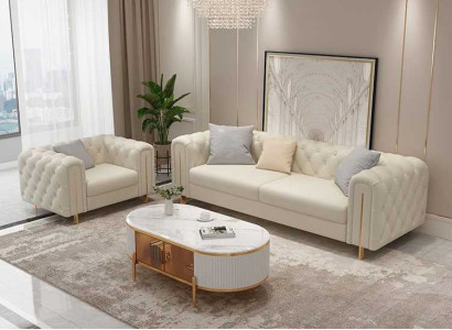 Set 2 tlg Wohnzimmer Sofagarnitur Dreisitzer Sofa Modern Sessel Leder